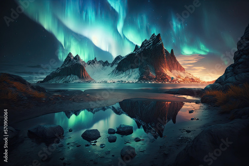 Aurora borealis northern landscape. Generative AI