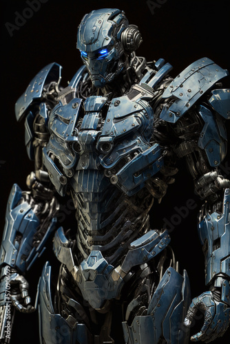 Blue humanoid robot advanced soldier concept. Generative AI illustration