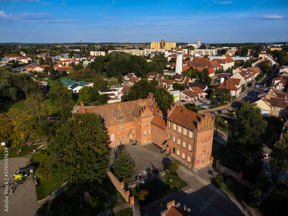 Obraz premium Olsztynek, aerial view of the landmarks like Town Hall, Castle and the Tower
