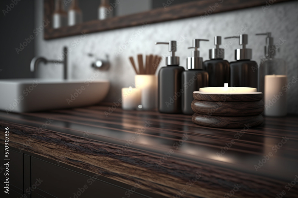 Perspective dark wood table, counter in the bathroom, mock-up for montage products display or design layout, Generative AI Perspective dark wood table, counter in the bathroom, mock-up for montage products display or design layout, Generative AI