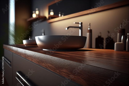 Perspective dark wood table  counter in the bathroom  mock-up for montage products display or design layout  Generative AI