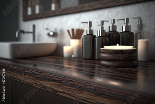 Perspective dark wood table, counter in the bathroom, mock-up for montage products display or design layout, Generative AI