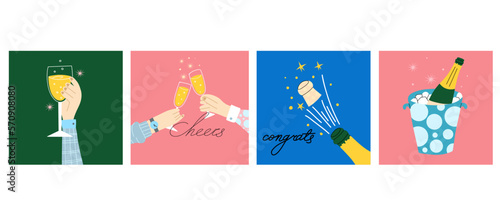 Hand hold Champagne. Cartoon modern wineglass. Doodle drawing contemporary card or poster. Alcoholic drink for celebration new year, wedding and birthday. Festive party beverage, vector isolated set