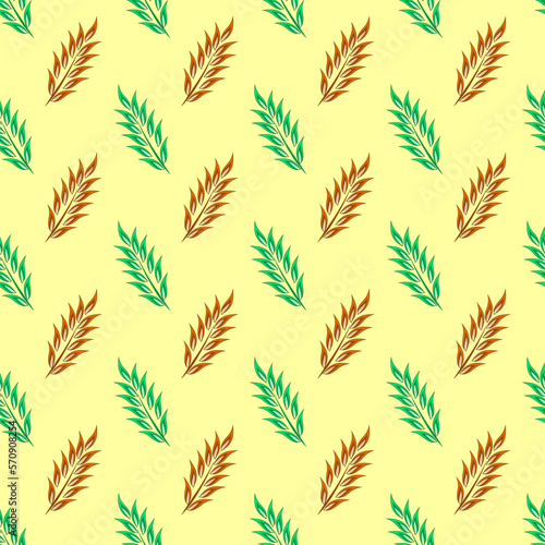 Drown and green leaf on yellow seamless pattern.