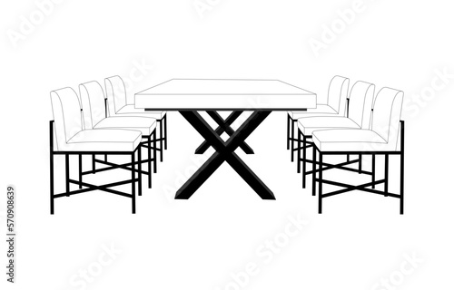 Dining table and chairs with x shape legs, vector line on white background
