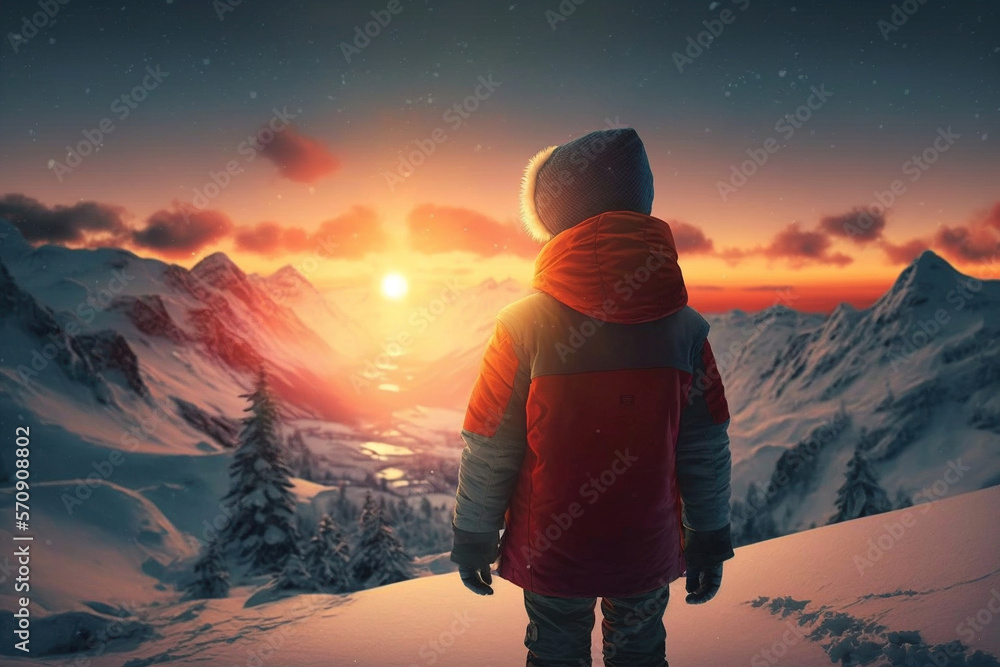 Young man watches the sunset from the mountain top in winter, generative AI