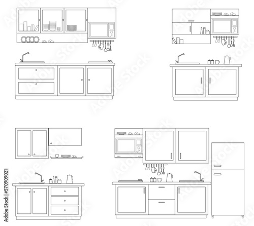 Kitchen sets, small and medium sizes, vector line on white background
