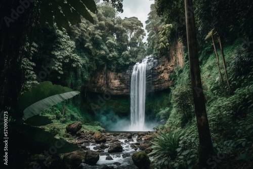 Waterfall in the green forest with lush greenery