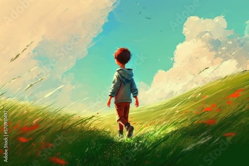 Picture of Happy boy have a walk outdoors on the field at summer  dynamic scene  ai generated
