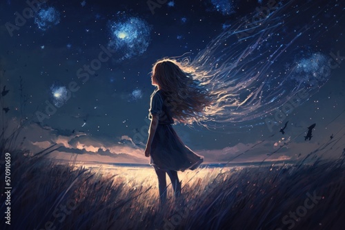 Picture of girl have a outdoors on the field at summer  deep night and starry sky  dynamic scene  ai generated