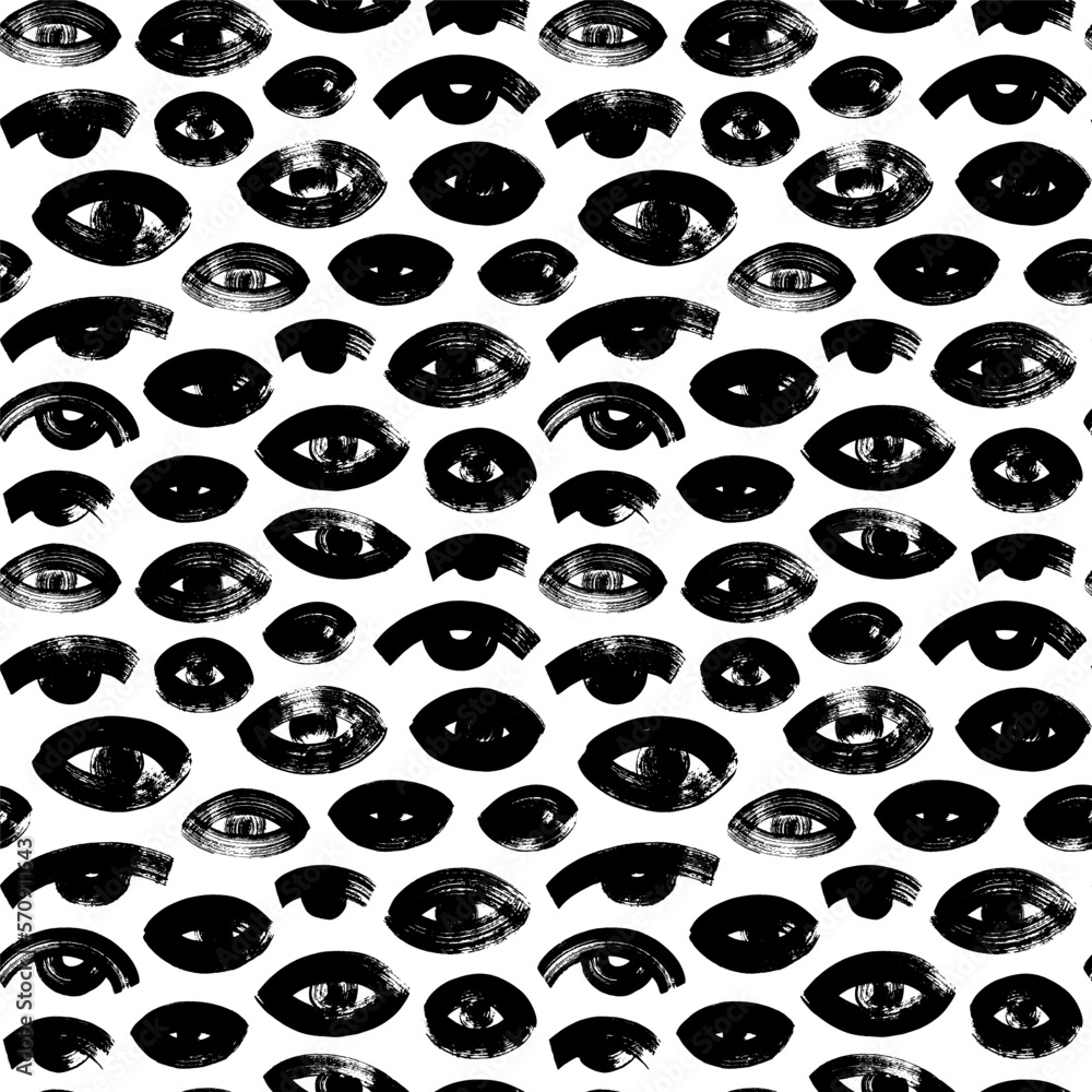 Seamless pattern with brush drawn eyes. Open black eyes hand-drawn with ...