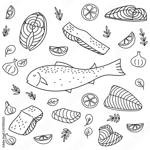 Hand drawn salmon and fillet with sliced lemon and garlic in doodle art style on white background