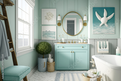 Print op canvas A coastal-themed bathroom with a nautical color palette and beach-inspired decor