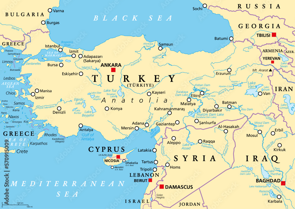 Turkey and Syria region, political map. Geographic area of the peninsula Anatolia, with neighbouring and surrounding countries. Map with capitals, largest cities, and most important rivers and lakes.