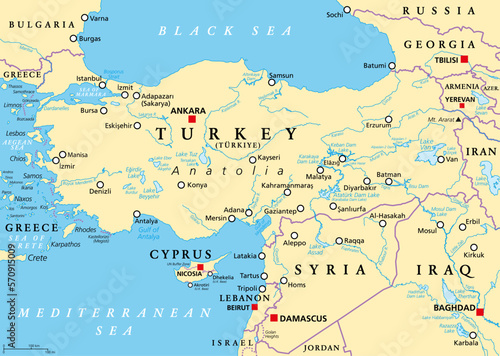 Turkey and Syria region, political map. Geographic area of the peninsula Anatolia, with neighbouring and surrounding countries. Map with capitals, largest cities, and most important rivers and lakes.