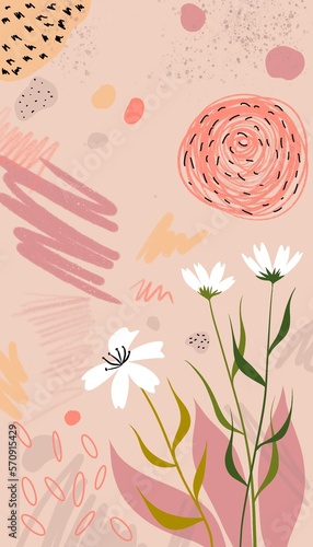 Hand drawn wallpaper with flowers and abstract lines