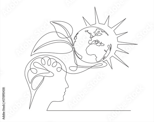 Plant leaves seed grow in brain concept. Continuous one line drawing of human head with a plant, globe and sun. Think green.