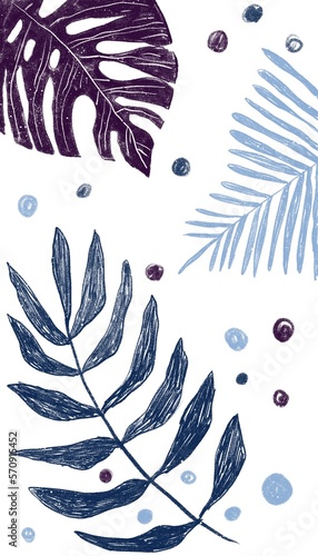 Hand drawn wallpaper with blue leaves and bubbles