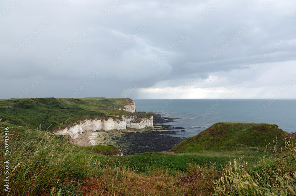 A view of the chalk cliffs on the coast at Flamborough Head in Yorkshire, UK. 