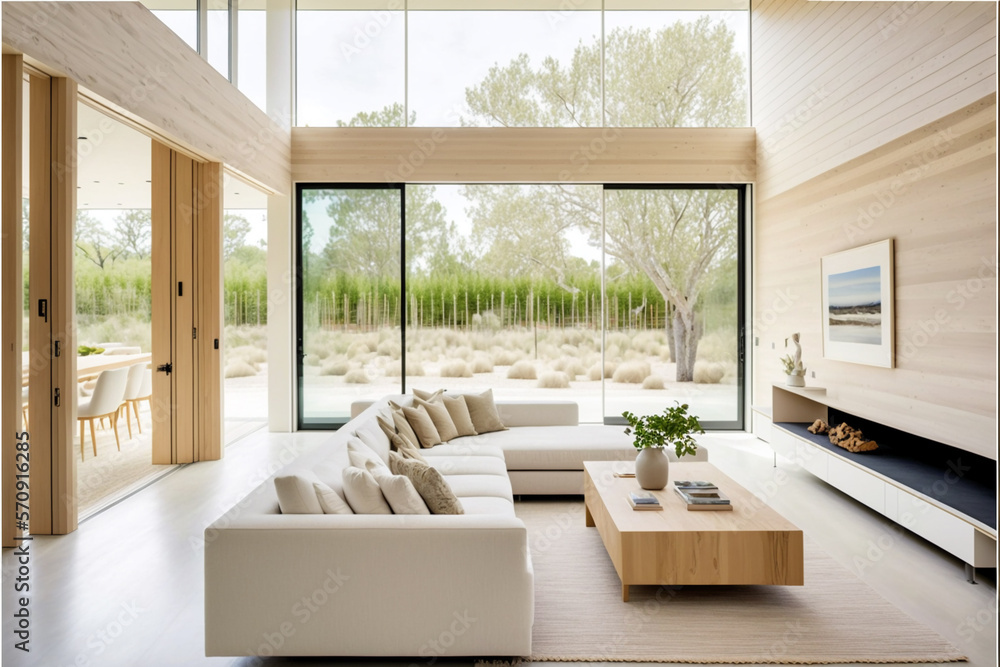 Fototapeta premium Illustration of modern light apartment with big windows created with Generative AI technology.