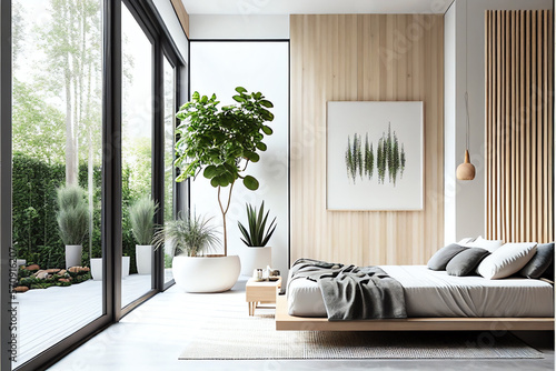 Illustration of modern bedroom with big french windows, created with Generative AI technology.