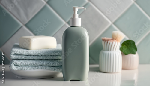 Liquid soap bottle with towels mockup. Indoor background. AI generative image.