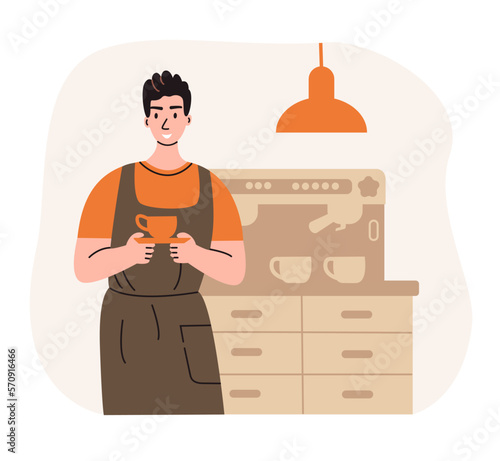 Professional coffee brewing. Cute barista making cappuccino at cafe or coffeeshop.