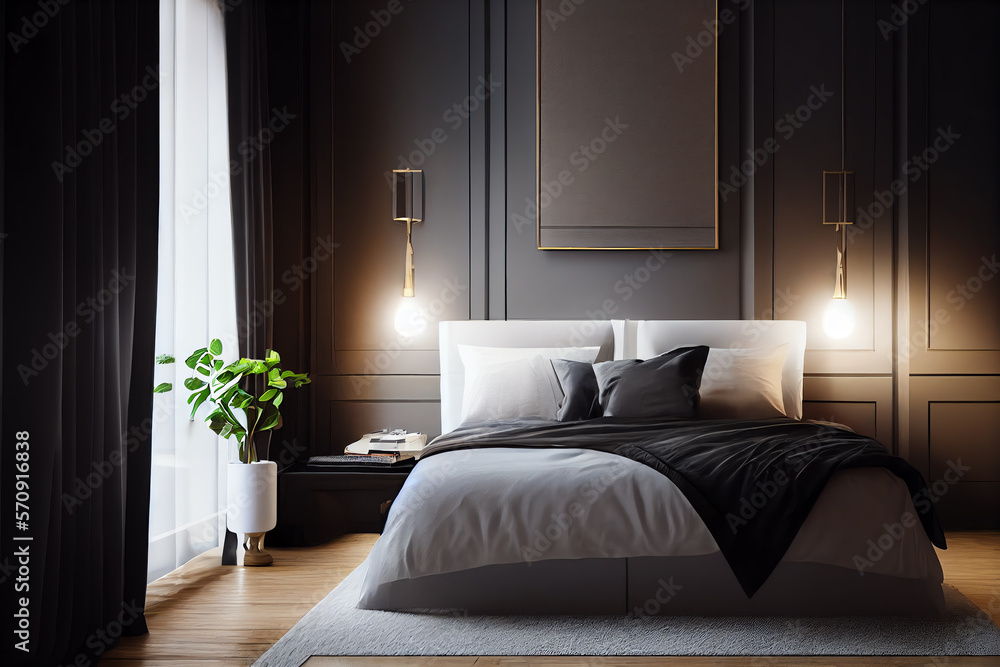 Illustration of modern style interior, bedroom with grey wall, created with Generative AI technology.