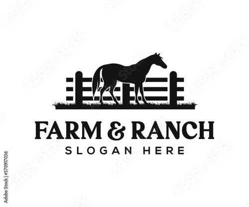 Horse silhouette wooden fence paddock for countryside western country farm and ranch logo design