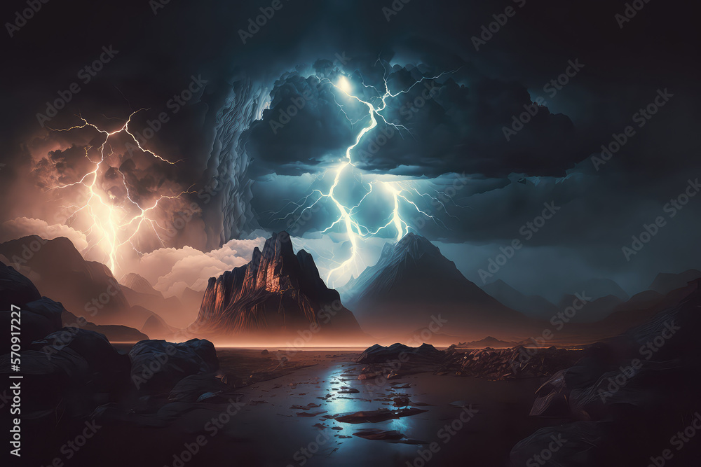 Dark dramatic stormy night sky with lightning bolts. Night mountain ...