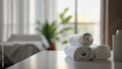 Rolled up clean fresh cotton white towels on table  blurred indoor hotel cozy room with plants. AI generative image.
