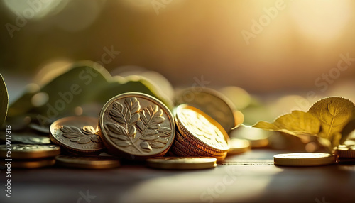 Abstract background with golden coins with bokeh background. Horizontal banner with copy space. AI generative image.