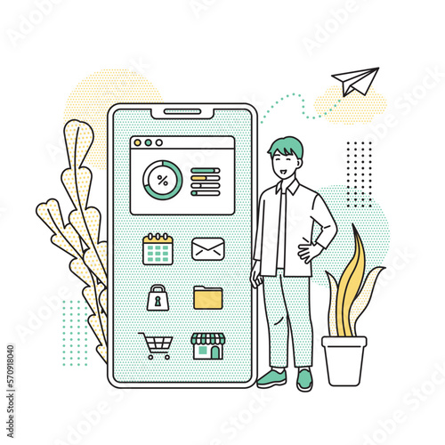 スマートフォンの横に立つ男性のイラスト