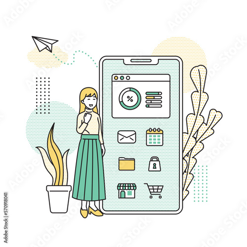 スマートフォンの横に立つ男性のイラスト