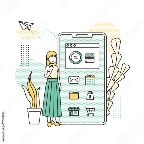 スマートフォンの横に立つ女性のイラスト
