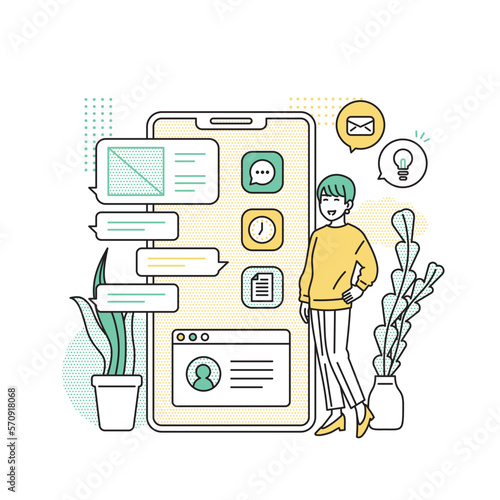 スマートフォンの横に立つ女性のイラスト