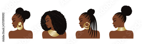 African American women with different hairstyles and gold jewelry on a white background. Female portrait in profile, side view. Cute dark-skinned girl with black hair, earring and necklace. Vector set