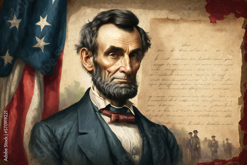 Canvas-taulu Abraham Lincoln, the 16th President of the United States, Standing Proud and Tall, With the American Flag Waving Behind Him