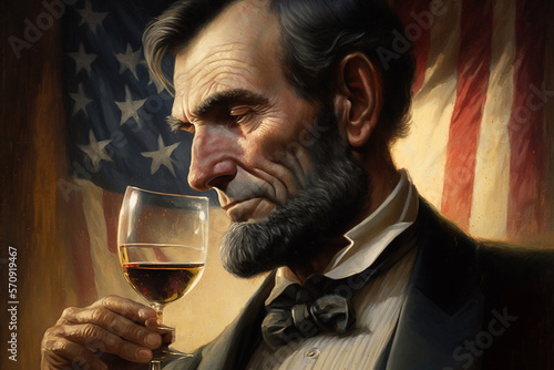 Close-Up Shot of President Abraham Lincoln Holding a Glass of Wine, With the American Flag Draped Behind Him, Showcasing His Patriotism and Pride in His Country.