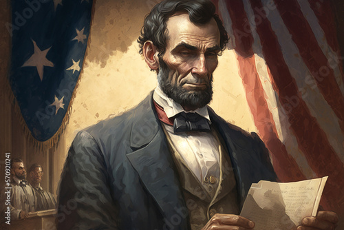 Canvas-taulu Abraham Lincoln, the 16th President of the United States, Standing Proud and Tall, With the American Flag Waving Behind Him