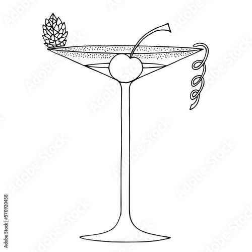 Cocktail with mint leaf, cherry and lemon peel. Freehand drawing. Doodle. Hand Drawn. Outline.	