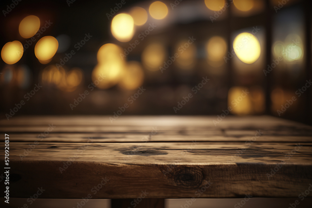 Empty wooden table top and blurred background with bokeh. Mock up for display or montage of product. AI generative illustration Empty wooden table top and blurred background with bokeh. Mock up for display or montage of product. AI generative illustration