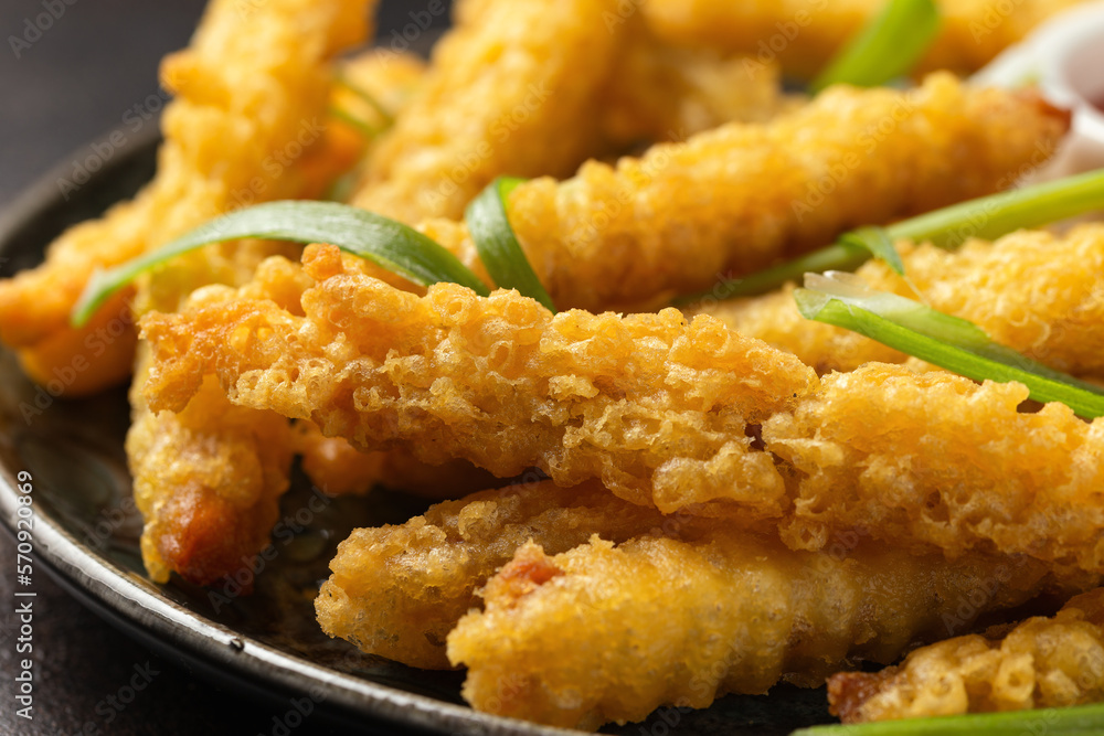 Fried Vegan jackfruit and oyster prawns in crispy batter with chili dip sauce Fried Vegan jackfruit and oyster prawns in crispy batter with chili dip sauce