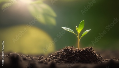 a plant sprout on a mound of soil on an out-of-focus background, growth concept, generative ai