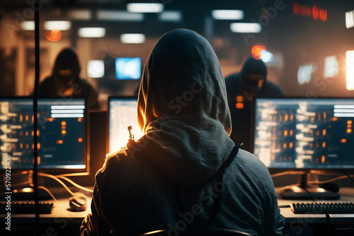 Hacker wearing hoodie using a computer alone in a room created with Generative AI technology