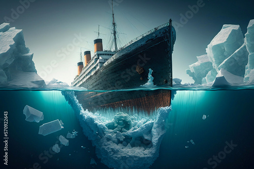 Titanic hit an iceberg in the ocean. Generative AI photo