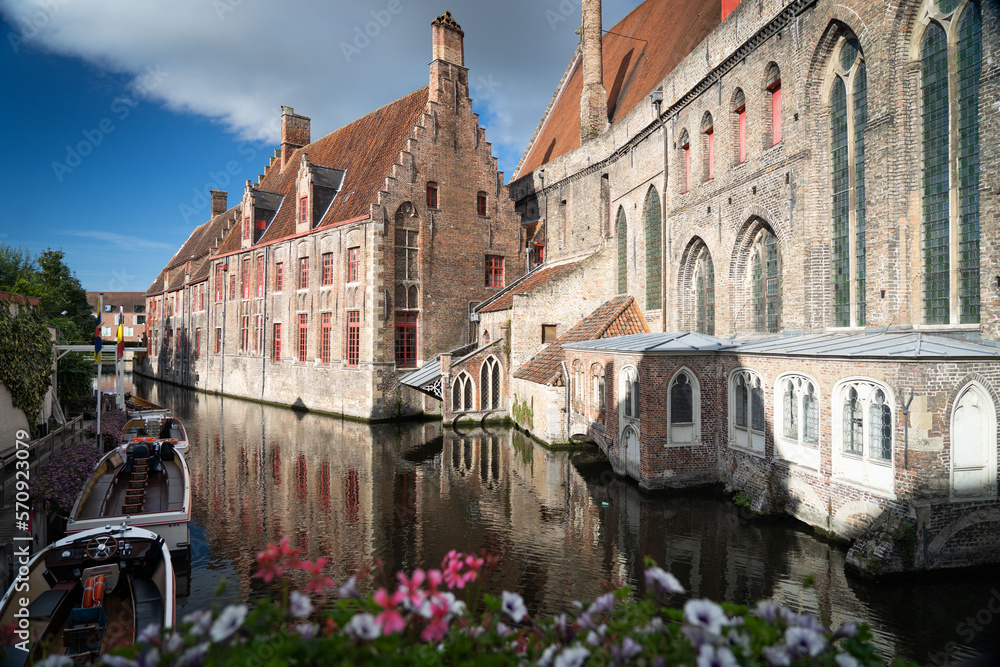 Brugge historical city with old buildings and water channel. Travel, vacation concept