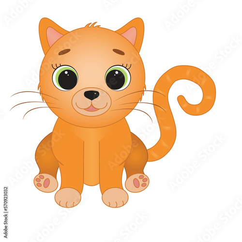 Cute cartoon cat with big green eyes on white isolated background.Vector