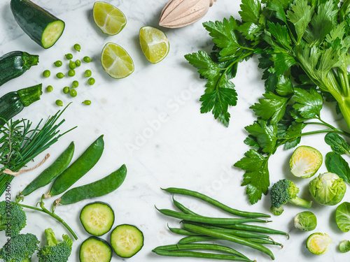 diet, dieting concept. Celery, peas, cucumber, kale