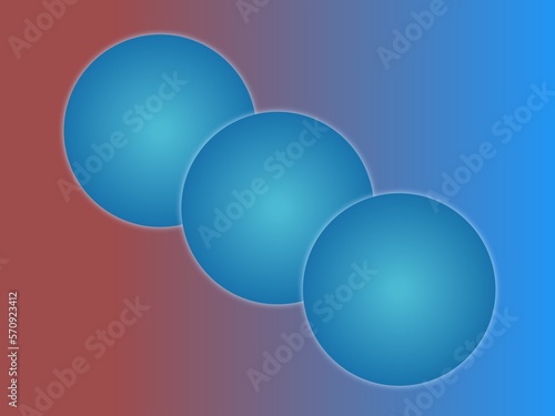 Illustration of three combined blue sphere circles with light white shadows around the edges, on a light red blue abstract gradient background.